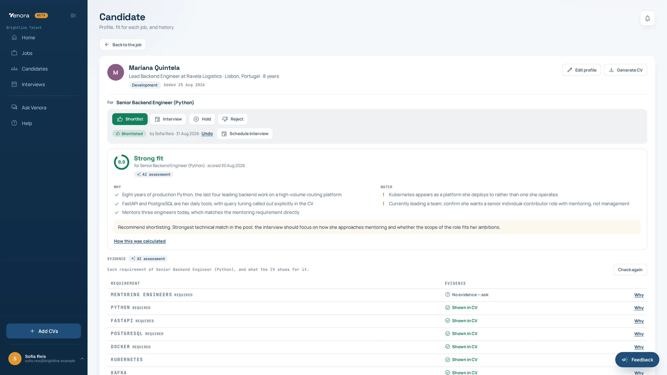 A candidate’s fit report in Venora: the score, the reasons for and against it, a written recommendation, a link to how it was calculated, and a requirement-by-requirement evidence table